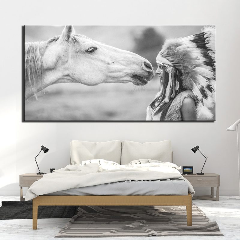 Tableau cheval et indienne noir et blanc Tableau Cheval Tableau Animaux taille: XXS|XS|S|M|L|XL|XXL