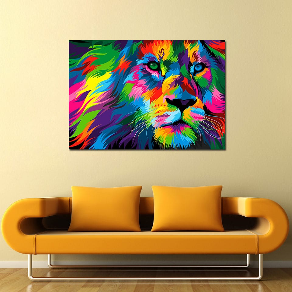 Tableau tête lion multicolore