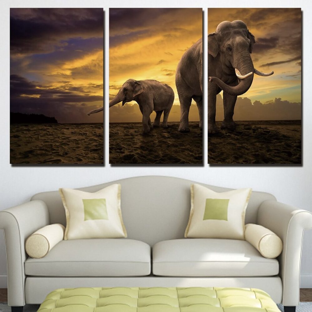 Tableau un éléphant et un éléphanteau au coucher du soleil