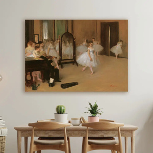 Tableau La Classe de Danse d'Edgar Degas. Bonne qualité, original, accrochée sur un mur au dessus d'une table à manger dans une maison
