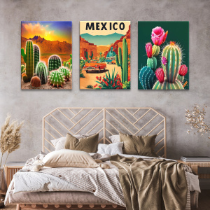 Tableau Mexique désert et cactus accroché dans une chambre sur un mur beige au-dessus d'un lit avec tête de lit en rotin moderne et parures marron.