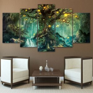 Tableau de l'arbre de vie dans une ambiance magique. Toute la teinte de l'image est bleu-vert.