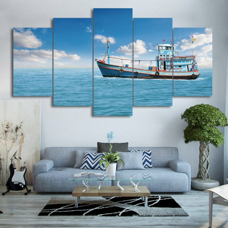 Tableau-bateau-de-peche-et-ciel-bleu-2 Tableau bateau de pêche et ciel bleu