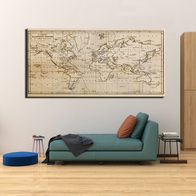 Tableau carte du monde et courbes magnétiques