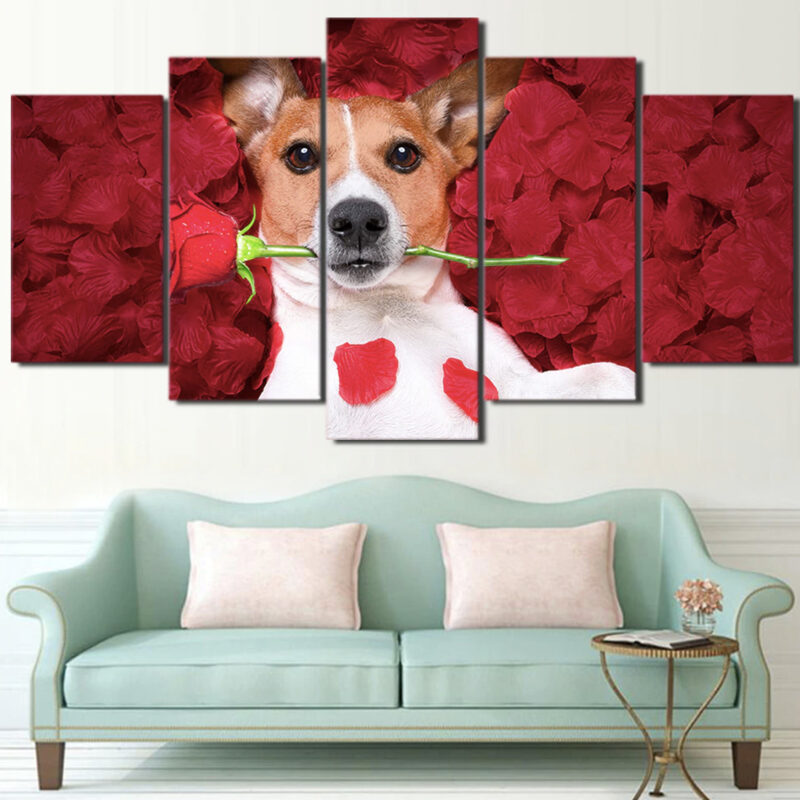 Tableau chien tenant une rose Tableau Chien Tableau Animaux format: Horizontal