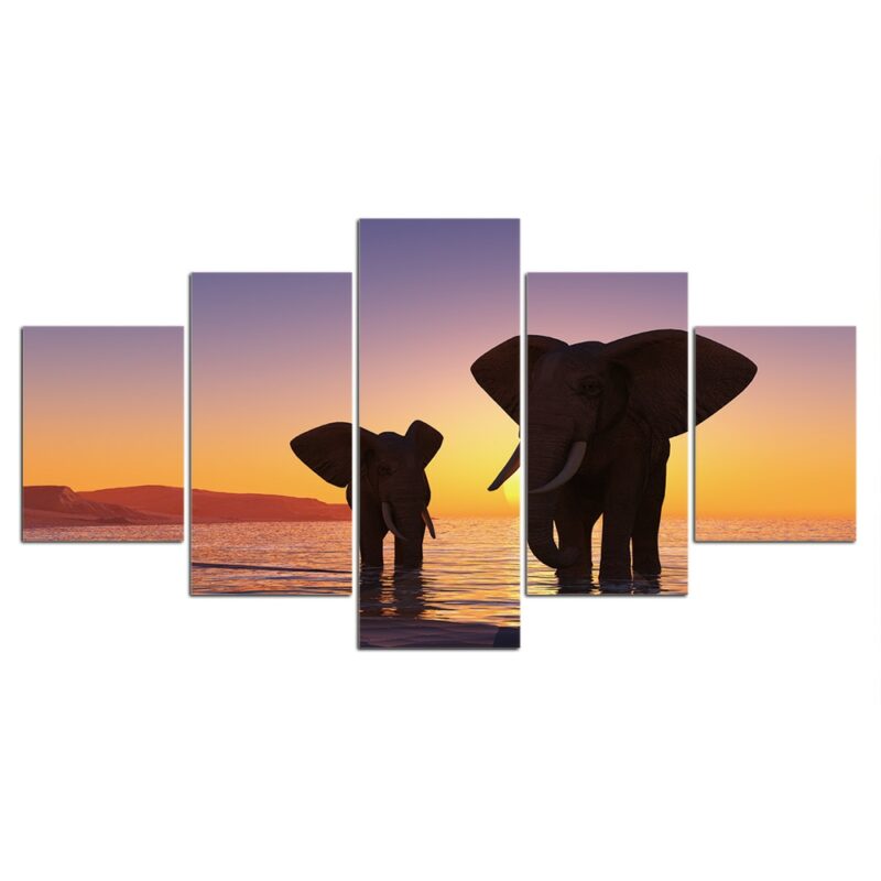 Tableau deux éléphants sous un couché de soleil Tableau Éléphant Tableau Animaux
