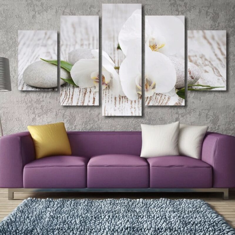 Tableau galets et orchidées blanches