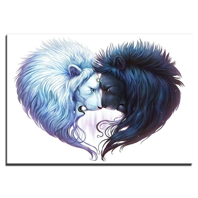 Tableau lion blanc et noir formant un cœur