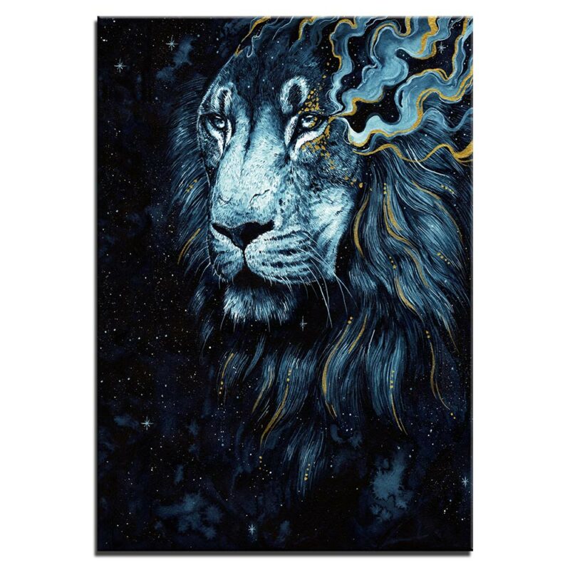 Tableau lion bleu doré