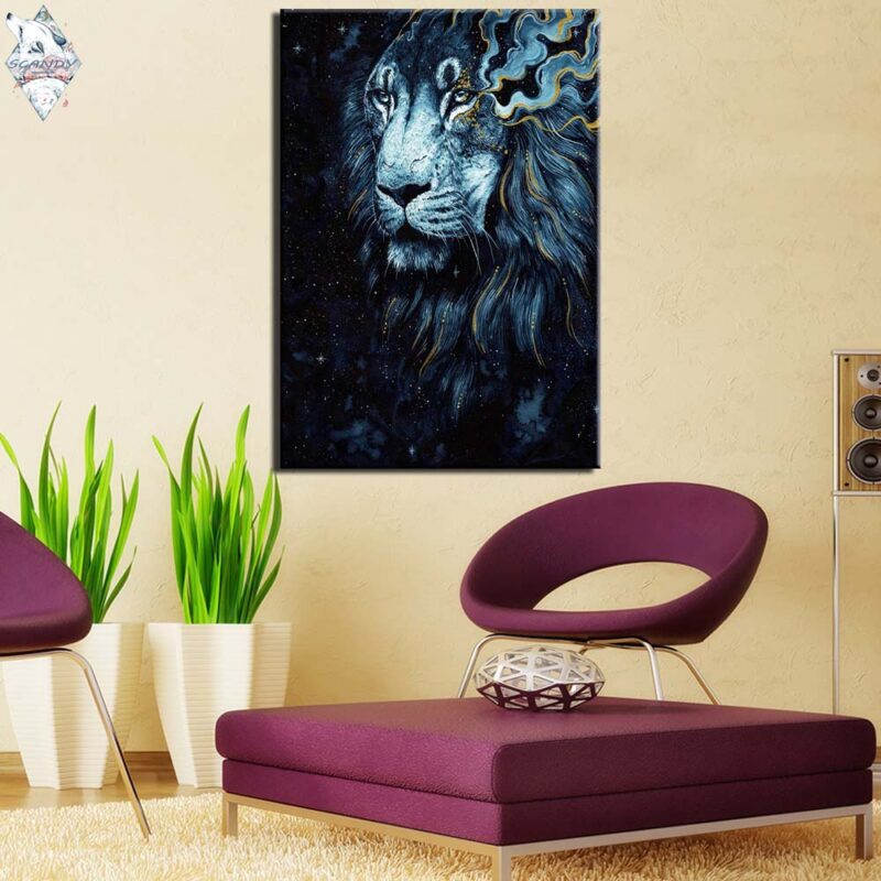 Tableau lion bleu doré