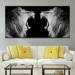 Tableau lions qui rugissent en noir et blanc Tableau Animaux Tableau Lion