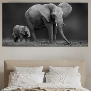 Tableau éléphant et son fils en noir et blanc