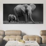 Tableau éléphant et son fils en noir et blanc