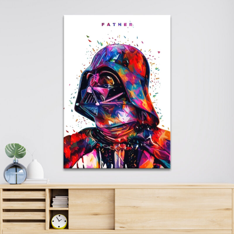 img_Tableau-Dark-Vador-multicolore_01 Tableau Dark Vador multicolore fond blanc accroché sur un mur au-dessus d'un buffet en bois clair avec un réveil et un vase.