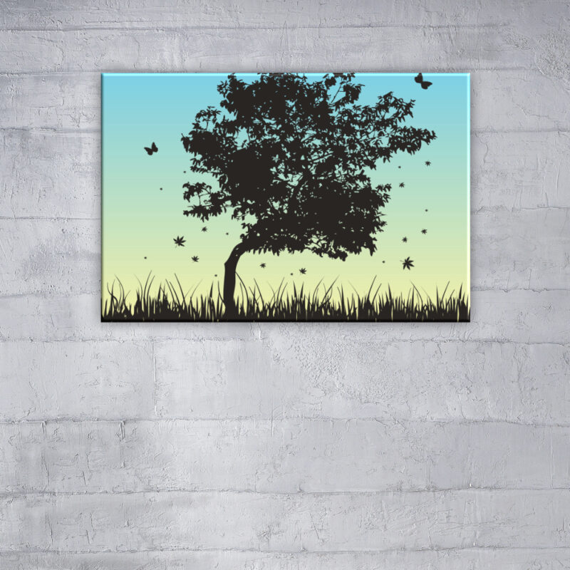 Tableau arbre et papillons. Bonne qualité, original, accrochée sur un mur dans un salon