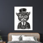 Tableau chat gentleman. Bonne qualité, original accrochée sur un mur au-dessus d'un lit dans une maison