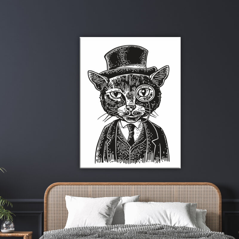 Tableau chat gentleman. Bonne qualité, original accrochée sur un mur au-dessus d'un lit dans une maison