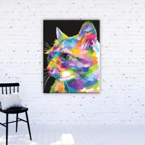 Tableau chat pop. Bonne qualité, original, accrochée sur un mur dans un salon