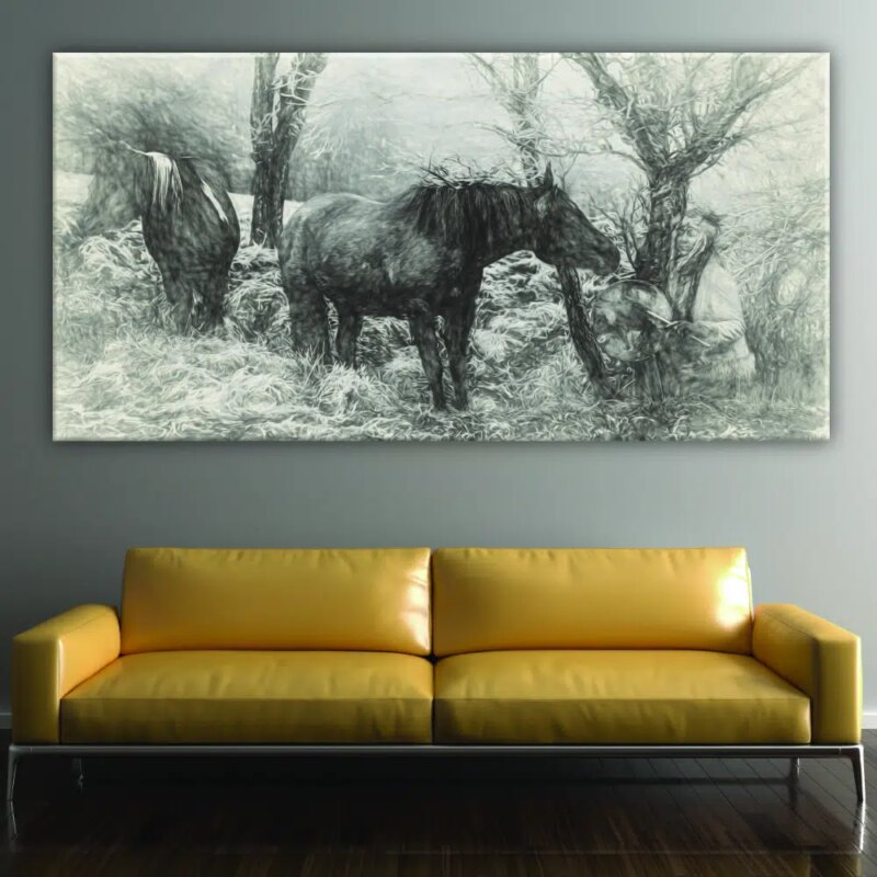 Tableau cheval et indienne noir et blanc. Bonne qualité, original, accrochée sur un mur au-dessus d'un canapé dans un salon.