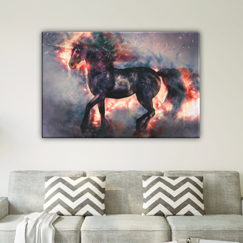 Tableau cheval licorne. Bonne qualité, original, accrochée sur un mur au-dessus d'un canapé dans une maison