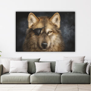 Tableau chien avec cache-œil. Bonne qualité, original, accrochée sur un mur au dessus d'un canapé dans un salon