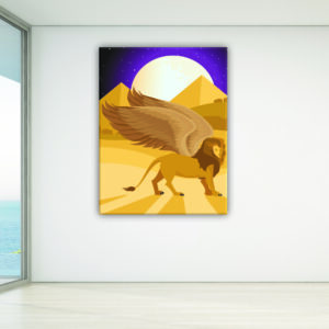 Tableau lion ailé pleine lune. Bonne qualité, original, accrochée sur un mur dans un salon