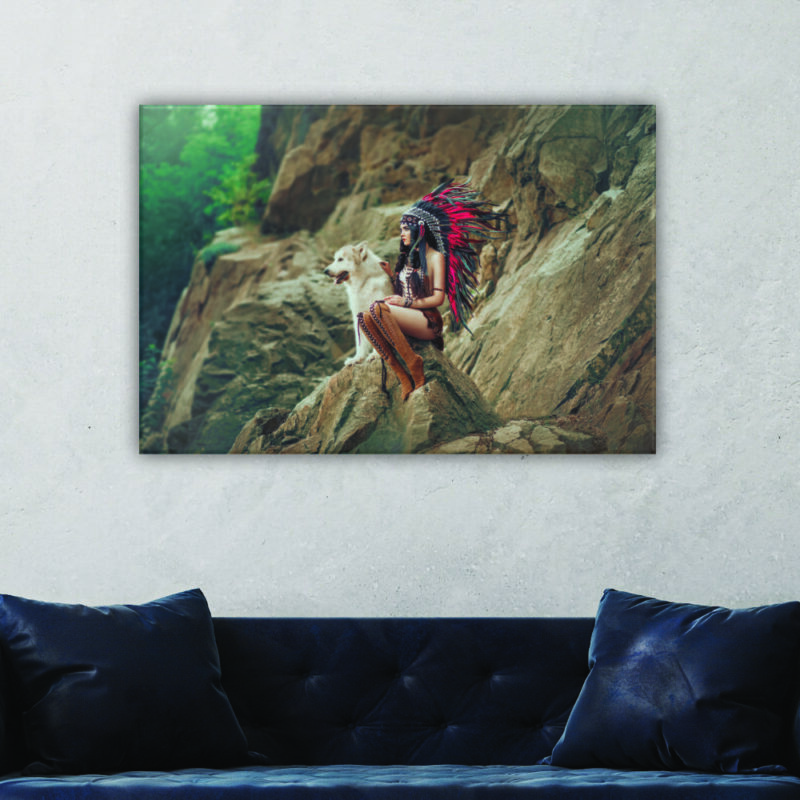 Tableau loup blanc et indienne. Bonne qualité, original, accrochée sur un mur au dessus d'un canapé dans un salon