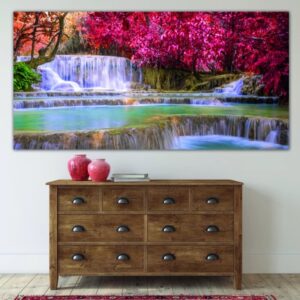 Tableau Rivière exotique embrassée par la nature. Bonne qualité, original, accrochée sur un mur au dessus d'une table dans un salon